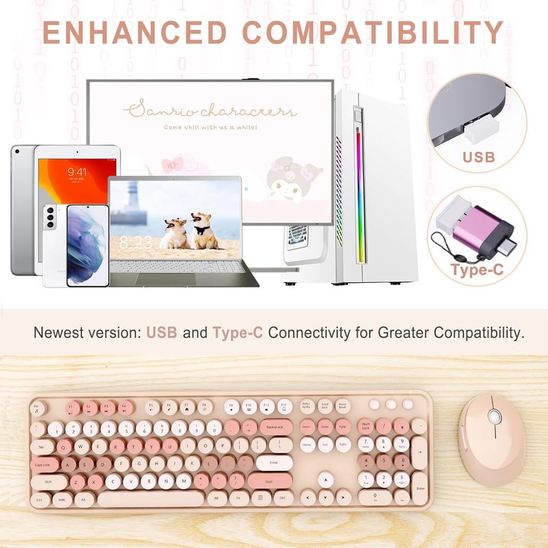 SkyGive Wireless Keyboard and Mouse Combo, Ergonomic Full Size Typewriter Retro Round Keycaps Keyboard, Compatible with Windows, PC, Perfer for Home and Office Keyboards (Chocolate Color) - Image 2